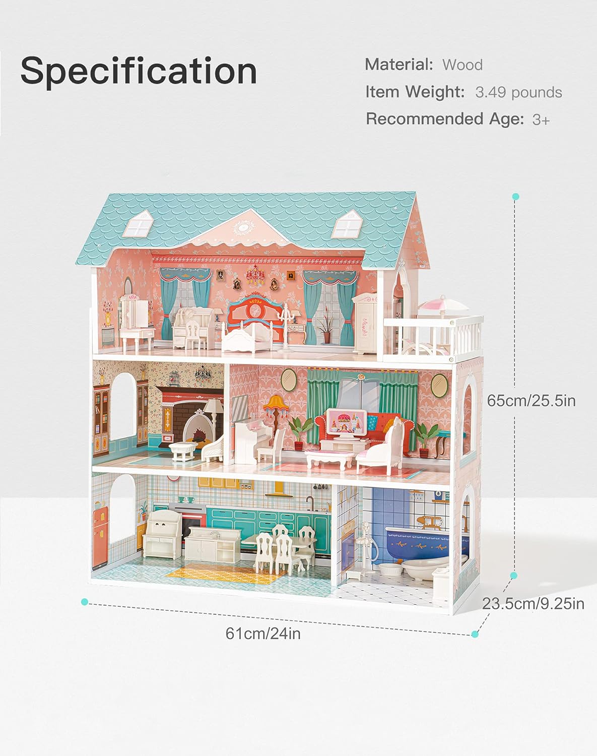 Wooden Dollhouse 3-Story with Balcony & 28 Accessories - ROBOTIME