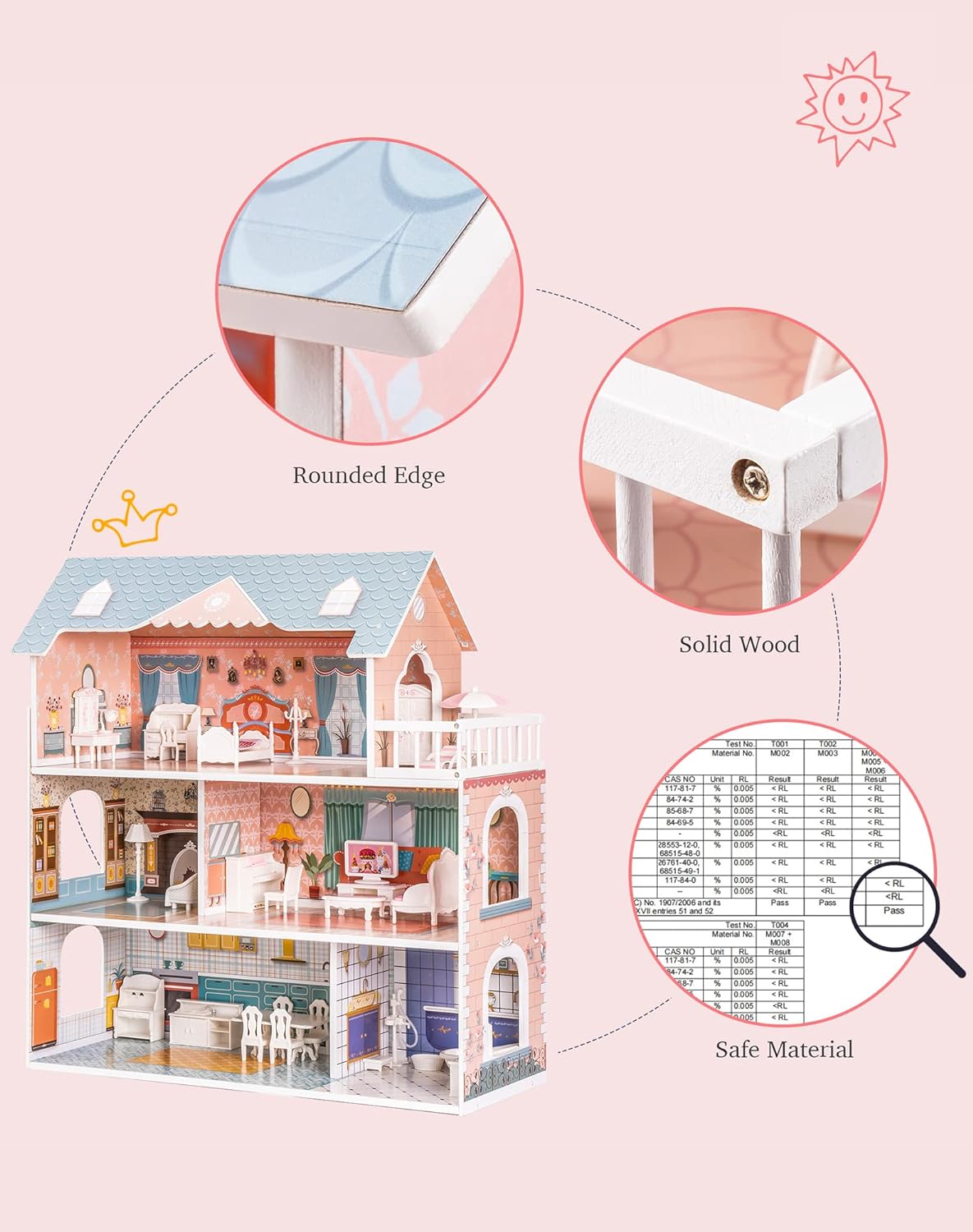 Wooden Dollhouse 3-Story with Balcony & 28 Accessories - ROBOTIME
