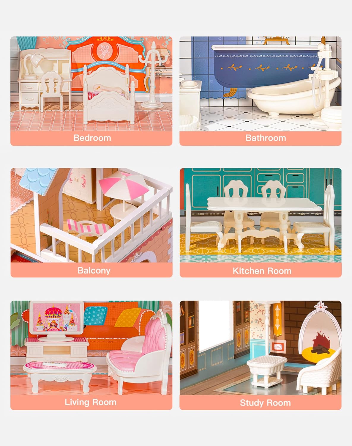Wooden Dollhouse 3-Story with Balcony & 28 Accessories - ROBOTIME