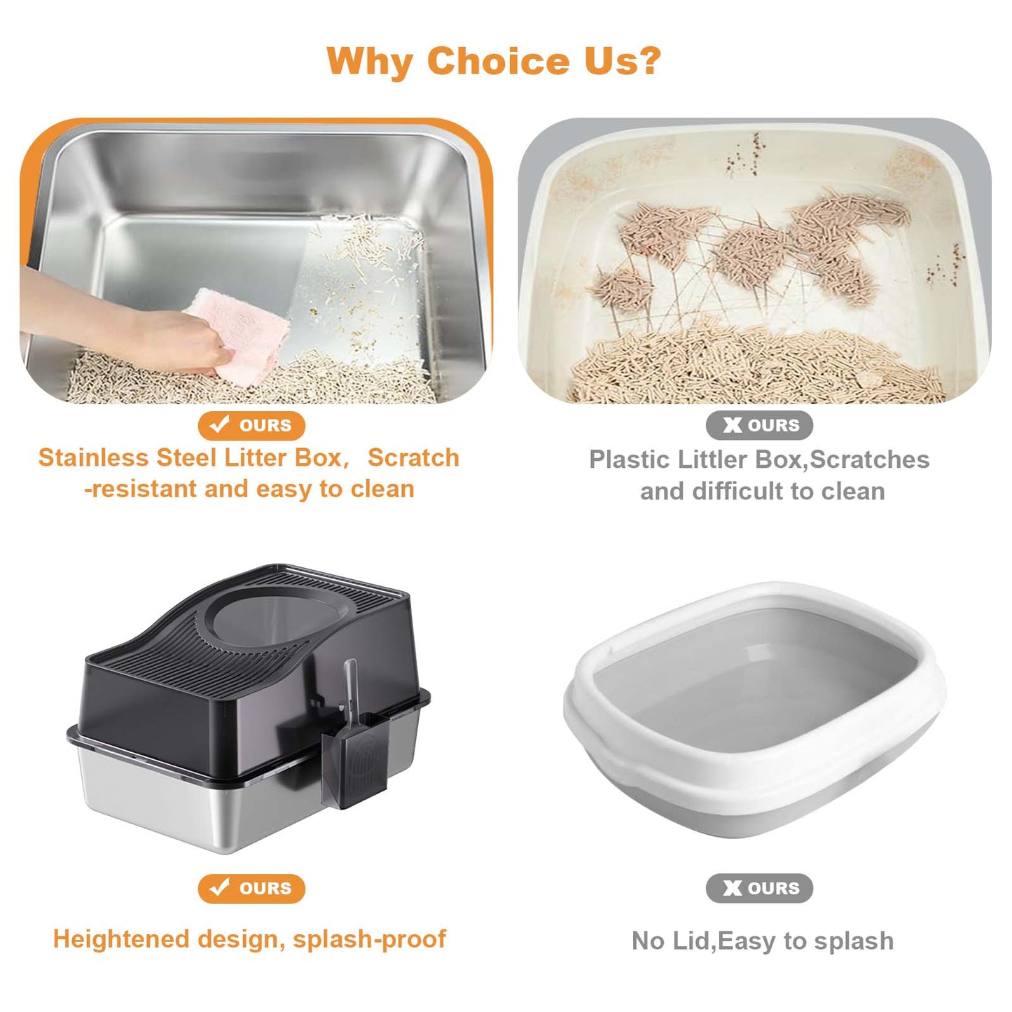 Stainless Steel Enclosed Cat Litter Box with Scoop & Mat