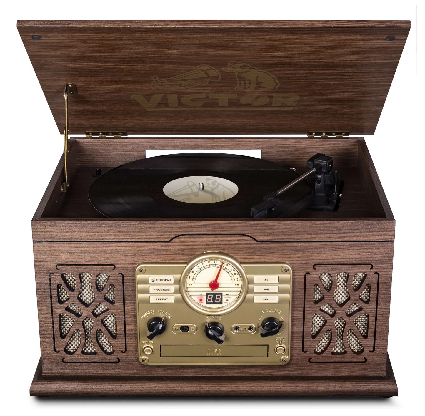 Victor State 7-in-1 Wood Music Center with 3-Speed Turntable & Dual Bluetooth