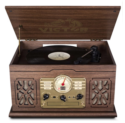 Victor State 7-in-1 Wood Music Center with 3-Speed Turntable & Dual Bluetooth