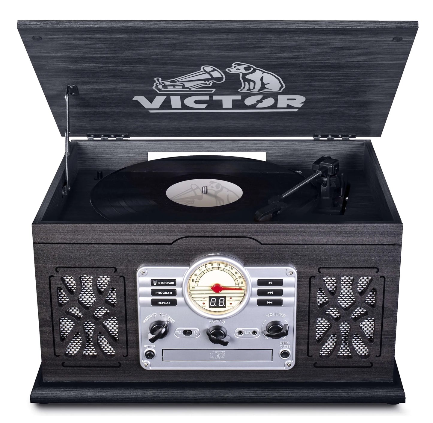 Victor State 7-in-1 Wood Music Center with 3-Speed Turntable & Dual Bluetooth
