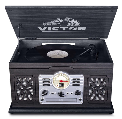 Victor State 7-in-1 Wood Music Center with 3-Speed Turntable & Dual Bluetooth