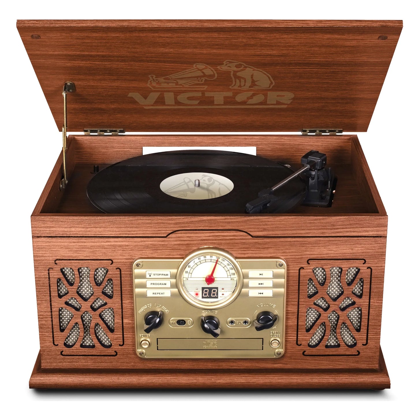 Victor State 7-in-1 Wood Music Center with 3-Speed Turntable & Dual Bluetooth