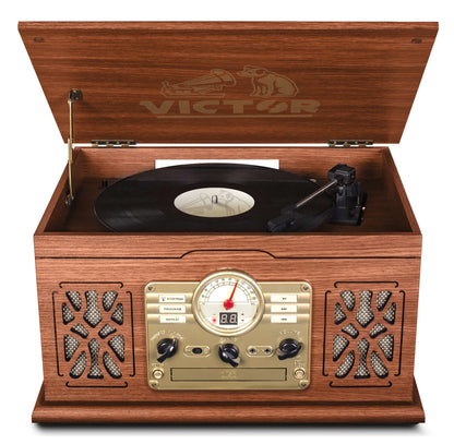 Victor State 7-in-1 Wood Music Center with 3-Speed Turntable & Dual Bluetooth