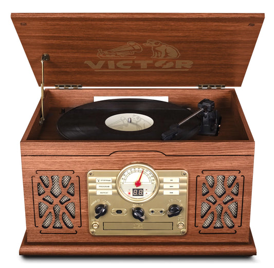 Victor State 7-in-1 Wood Music Center with 3-Speed Turntable & Dual Bluetooth