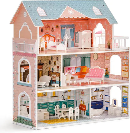 3-Story Wooden Dollhouse with Balcony & 28 Accessories