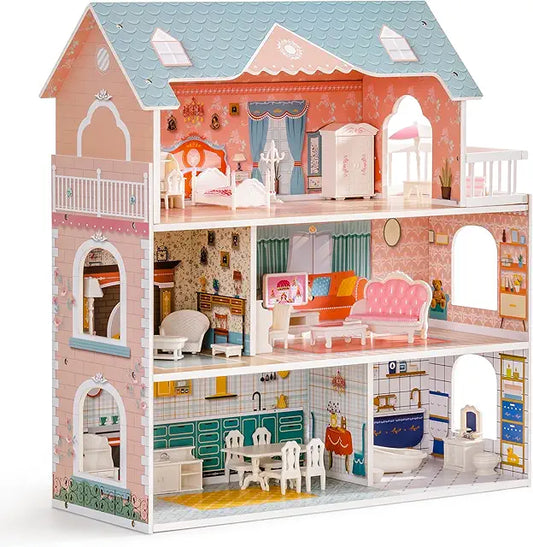 3-Story Wooden Dollhouse with Balcony & 28 Accessories
