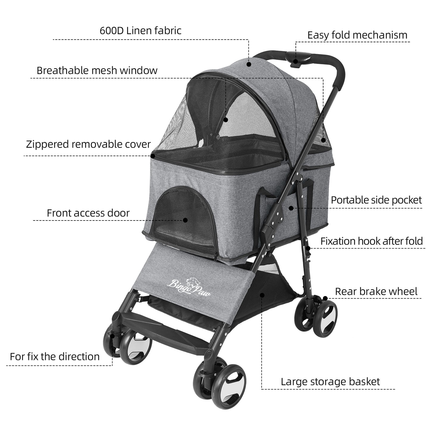 Large Pet Stroller - Foldable Dog Carrier with Rain Cover