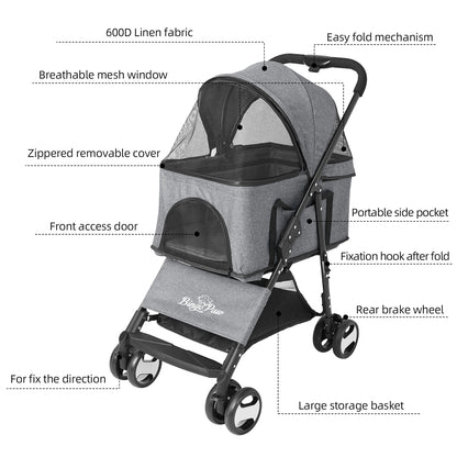 Large Pet Stroller - Foldable Dog Carrier with Rain Cover