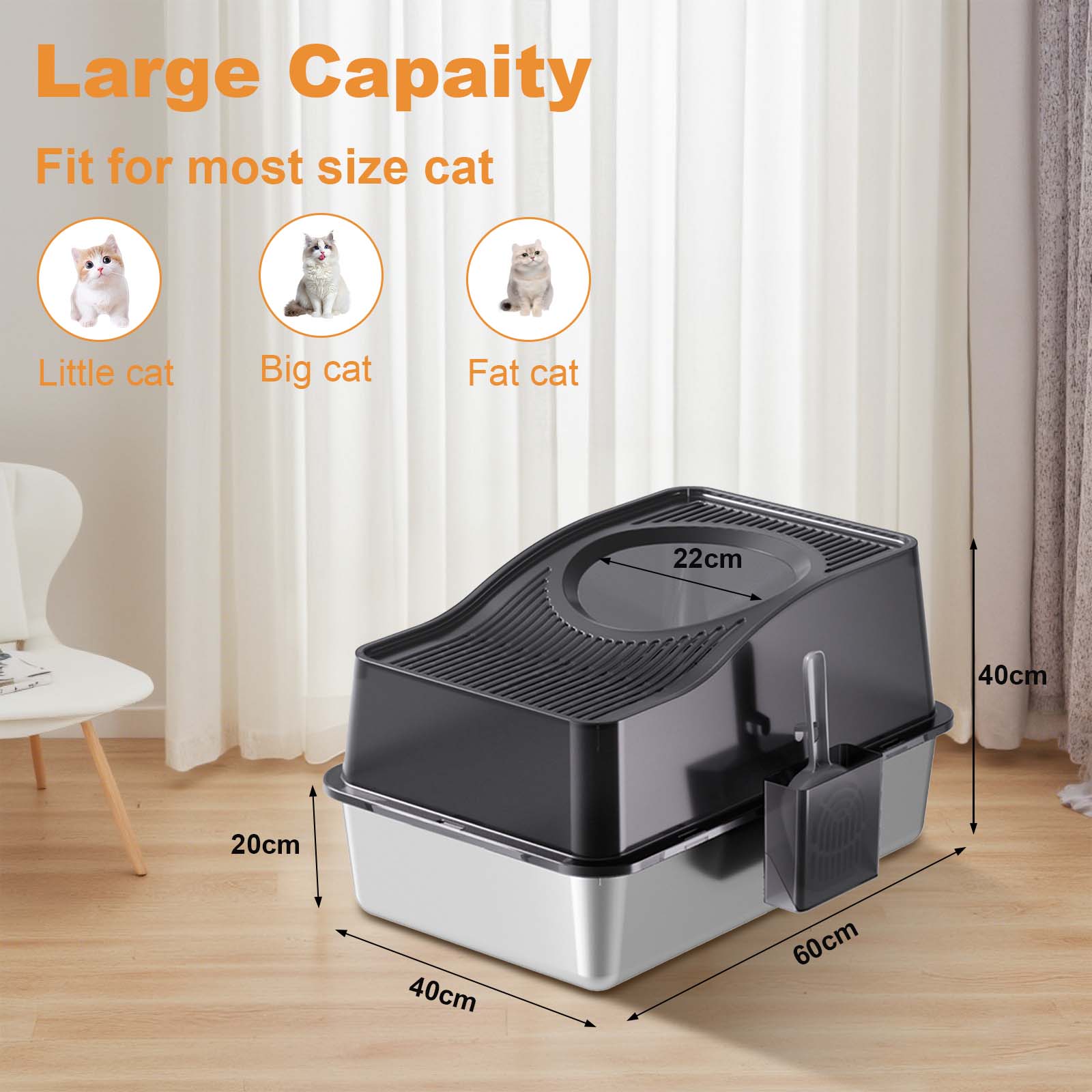 Stainless Steel Enclosed Cat Litter Box with Scoop & Mat