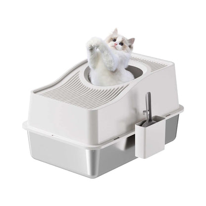Stainless Steel Enclosed Cat Litter Box with Scoop & Mat