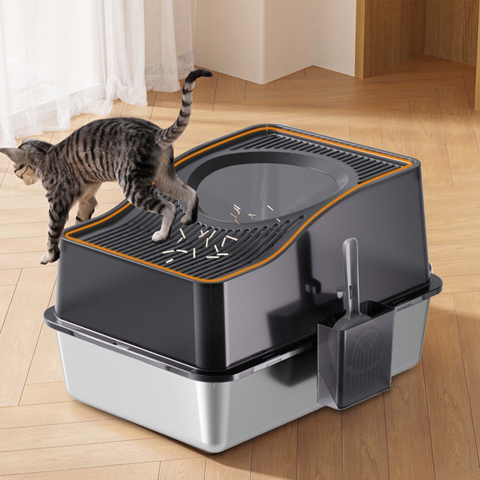 Stainless Steel Enclosed Cat Litter Box with Scoop & Mat
