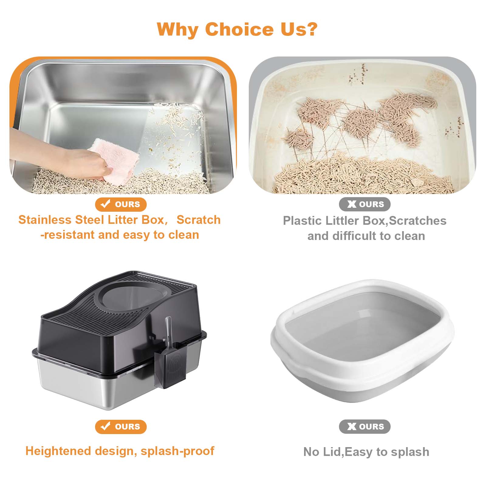 Stainless Steel Enclosed Cat Litter Box with Scoop & Mat