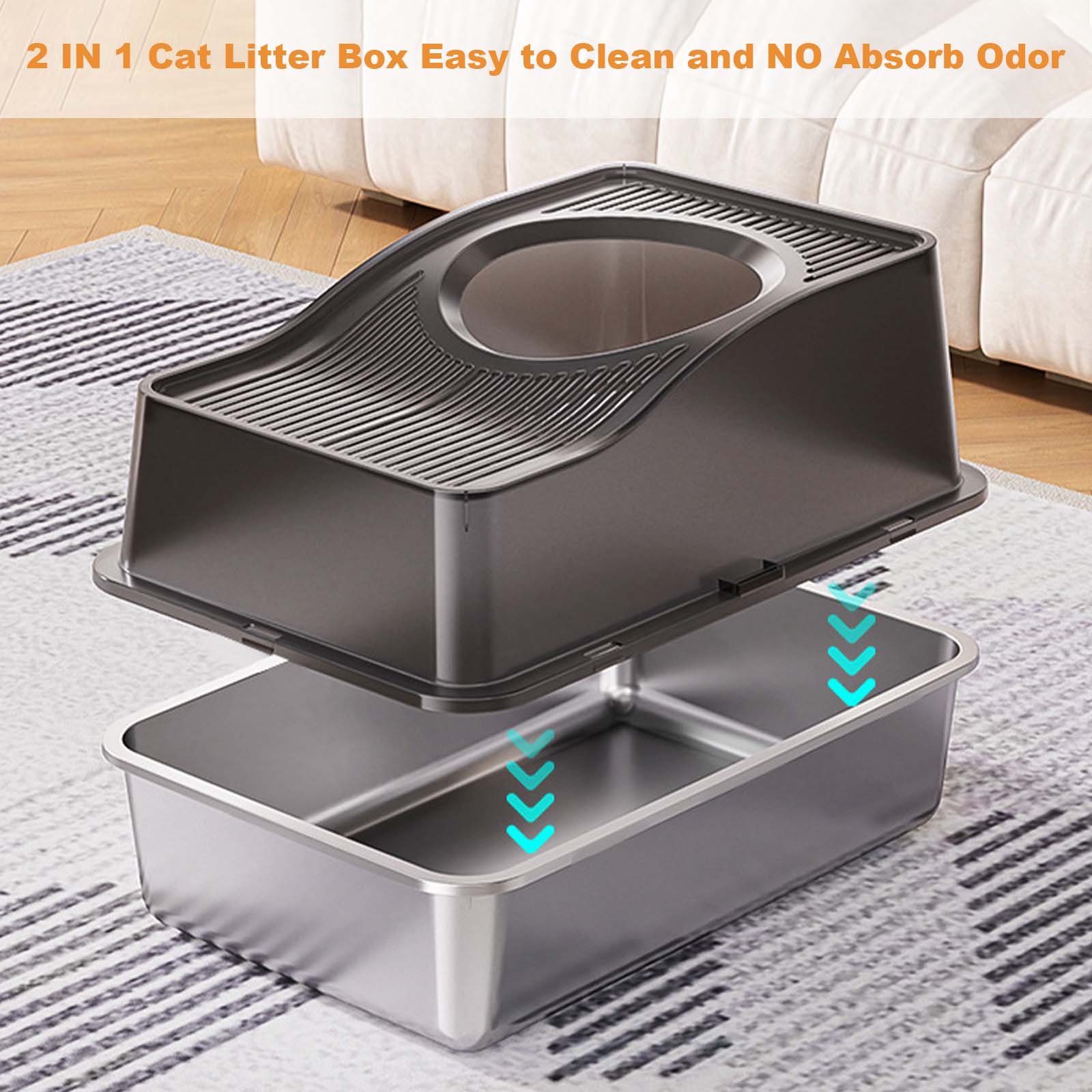 Stainless Steel Enclosed Cat Litter Box with Scoop & Mat